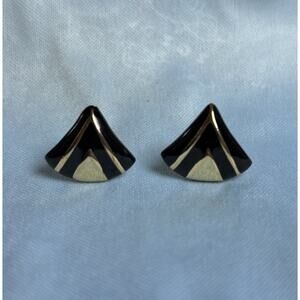 Vintage AVON Huggie Clip On Earrings, Fan Shape,‎ Gold And Black Enamel